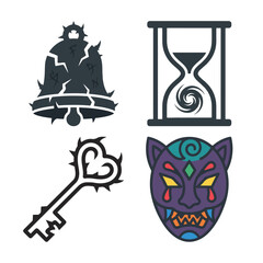 Naklejka premium Fantasy RPG game icons set, dark magic cursed items vector, mystical hourglass bell key and demon mask illustrations isolated on White Background halloween