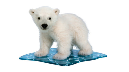 Fluffy polar bear cub standing on a blue ice floe, isolated on transparent background © PNGIG