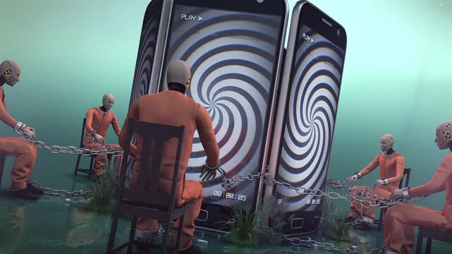 An abstract representation illustrating how smart phones are turning people into mindless dummies addicted to absorbing useless information. 
