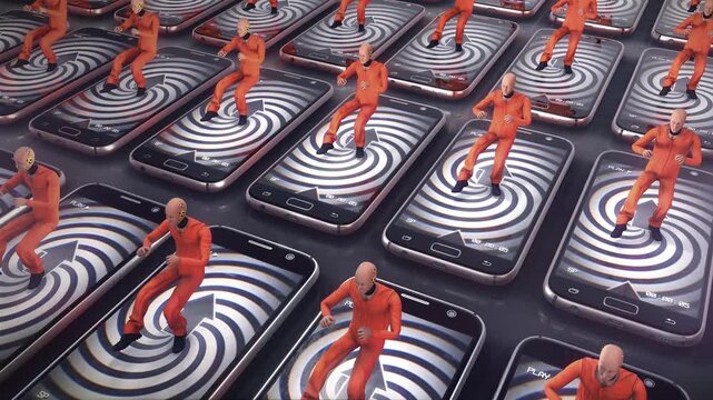 An abstract representation illustrating how smart phones are turning people into mindless dummies addicted to absorbing useless information. 

