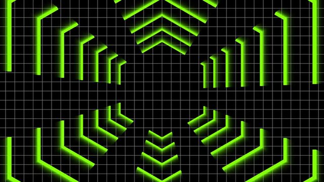 Abstract neon green hexagon chevron tunnel cyber grid loop motion background