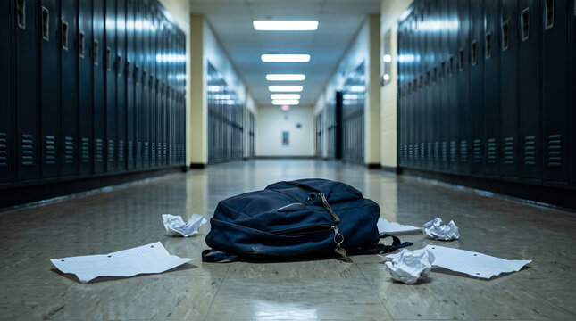 Lonely backpack surrounded by scattered papers on empty school hallway floor