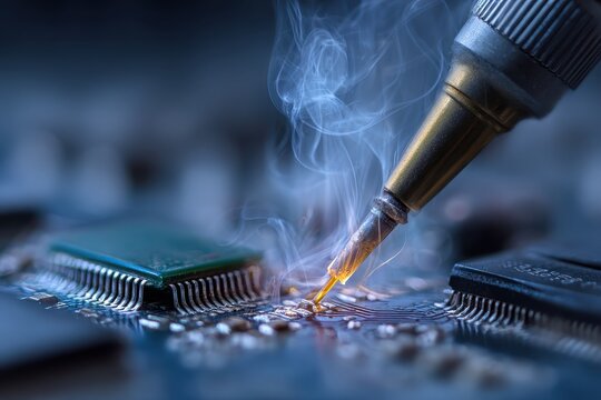 Soldering a microchip processor on a computer circuit board with hot iron tool and smoke. Macro close-up of hardware manufacturing. Concept of electronics repair, engineering, and digital technology