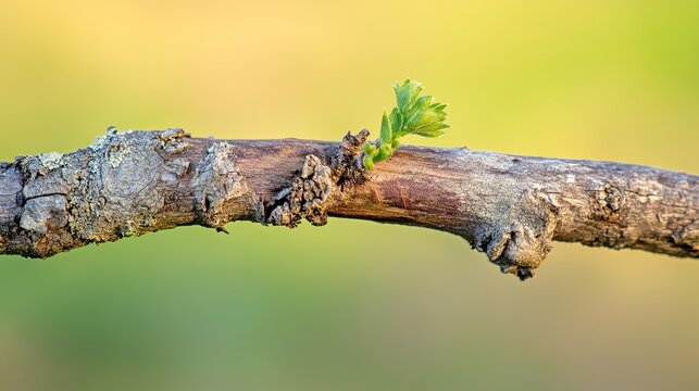 limb. Close-up of a weathered tree branch with a single green sprout emerging. gardening catalogs, home-decor guides, designed for home decor and floral branding, enhances decor appeal.