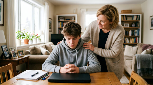 Woman comforting upset teenage boy looking at laptop screen in living room
