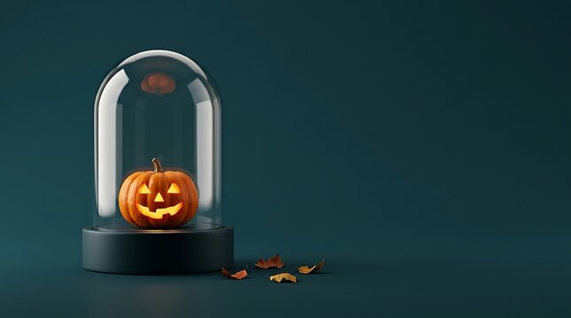 Small glowing jack o lantern pumpkin inside a glass cloche display case on a dark moody background