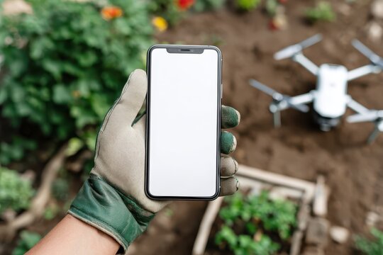 Close-up of farmer hands in work gloves holding a smartphone with crop data over a blurred field with flying drones. Innovative agricultural technology, smart farming, and autonomous monitoring