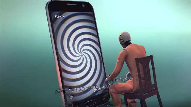 An abstract representation illustrating how smart phones are turning people into mindless dummies addicted to absorbing useless information. 
