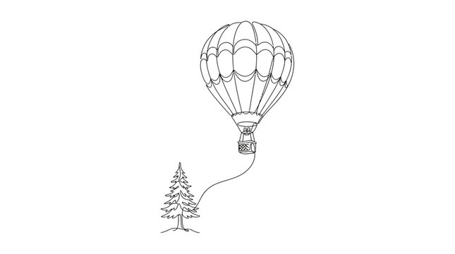 A hand drawn sketch of a hot air balloon tethered to a pine tree.