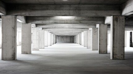 Fototapeta premium garage. An empty parking garage interior with repeating concrete columns and natural ambient light. real-estate listings.