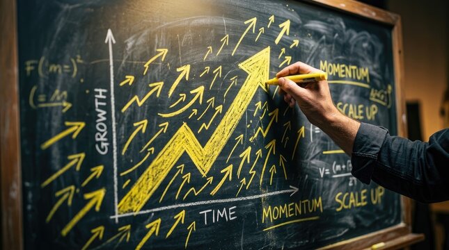 A hand a large yellow upward trending arrow on a dark chalkboard with growth and momentum text written in chalk for business success