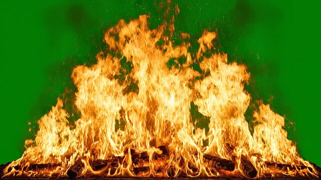 Row of campfires burning with orange flames and smoke against a green screen background with cinematic motion