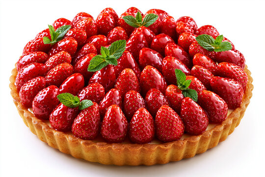 Tarte aux fraises sur fond blanc, p&acirc;te sabl&eacute;e dor&eacute;e, cr&egrave;me p&acirc;tissi&egrave;re et fraises fra&icirc;ches brillante en cercles concentriques, avec feuilles de menthe