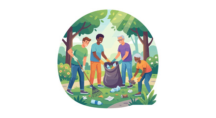 Fototapeta premium Community group cleaning a forest floor together.