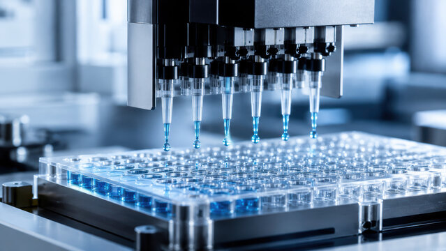 Smart laboratory automation, robotic pipette dispensing liquid into microplate in clinical laboratory