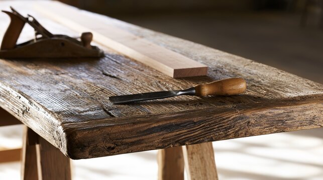 chisel. A rustic wooden workbench with carpentry tools and an unfinished wood piece. lifestyle magazines, social media lookbooks, designed for influencer and brand collaborations.