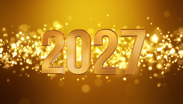 3d rendering of golden light shine particles bokeh over golden background and the numbers 2027 in gold - represents the new year - vacation concept.