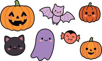 Fototapeta premium Cute kawaii Halloween cartoon vector set with smiling pumpkins ghost bat black cat and vampire candy on pink background