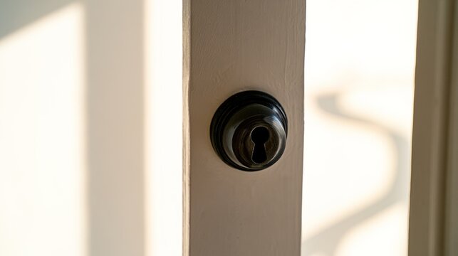 keyhole. Architectural close-up of a house door with keyhole detail under natural ambient light. real-estate listings.
