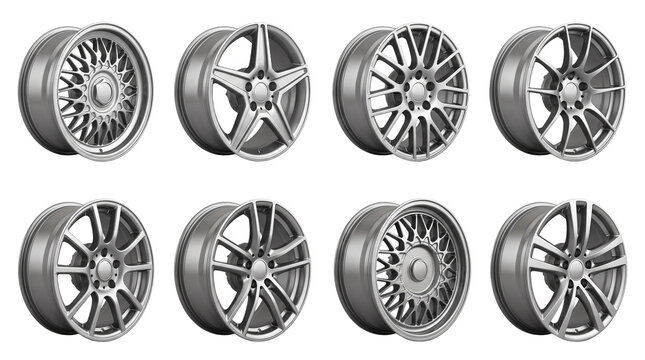 Set of modern alloy car wheels isolated on white background for automotive design.