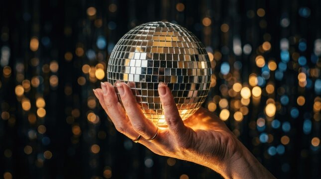 Hand holding a small shiny disco ball against a dark background, with blurred golden, bokeh lights creating, a festive and, celebratory atmosphere