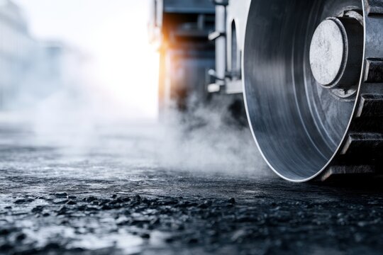 Heavy construction roller compacting freshly laid asphalt with steam rising on a cold morning at a roadwork site