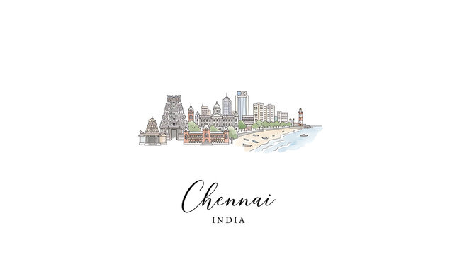Stylized cityscape illustration of chennai india featuring iconic architecture and vibrant urban elements