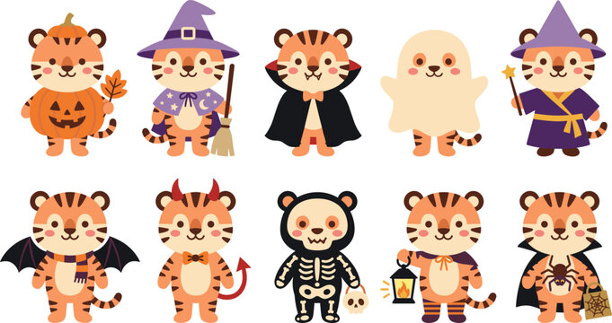 Set of cute tiger characters wearing various halloween costumes in flat cartoon vector style.