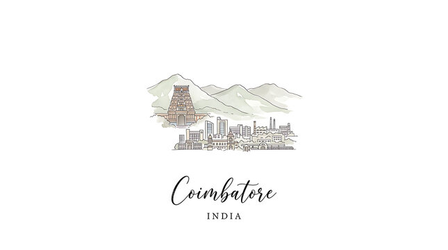Beautiful watercolor depiction of Coimbatore cityscape with mountains and traditional architecture in India