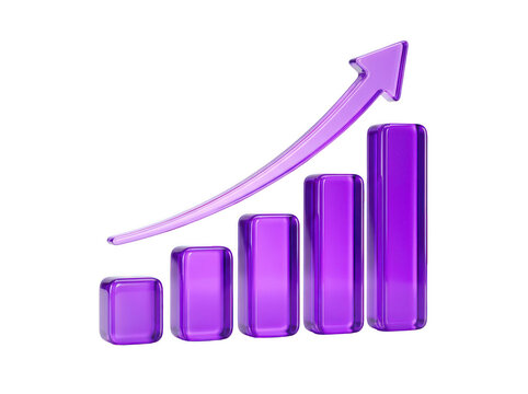 Purple 3D bar chart with rising arrow showing business growth and financial success
