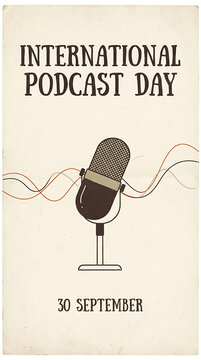 Vintage style international podcast day poster featuring a microphone
