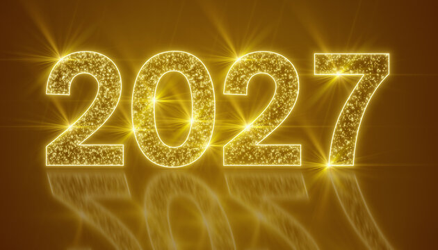 Illustration of abstract neon light with the numbers 2027 on a reflective floor against a yellow background - represents the new year - vacation concept.