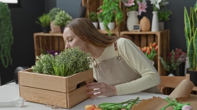 Woman florist touches and arranges potted plants and greenery with hands over a wooden crate in a studio; serenity.