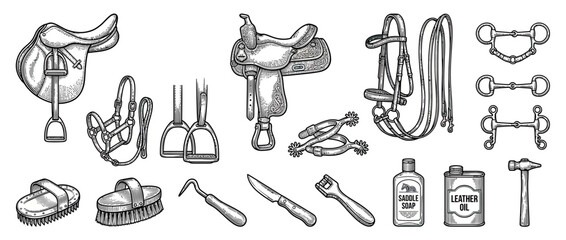 Obraz premium Equestrian Gear and Tools Collection, Vintage Sketch Style