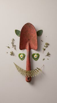 Playful garden trowel face with leaf eyebrows and fern mustache on neutral background