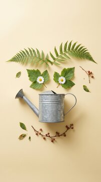 Whimsical watering can face with fern eyebrow leaves and daisy eyes on beige background