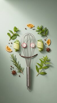 Curious wire whisk face with cucumber eyes and citrus accents on sage green background