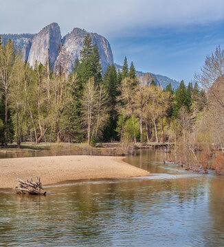 Beautiful view of Merced River and Cathedral Rocks in Yosemite National Park