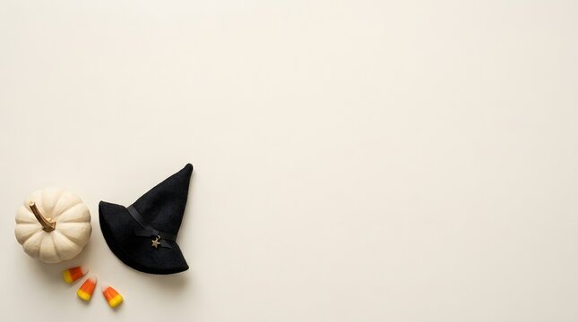 A spooky halloween still life pumpkins a black witch's hat and autumnal festive decorations