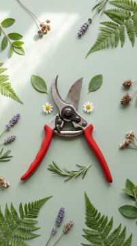Attentive pruning shears face with daisy eyes and rosemary smile on sage green background