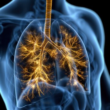 Detailed medical illustration of human lungs and bronchial tree highlighting respiratory pathways and airways within a transparent chest for educational use