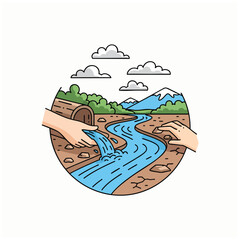 Fototapeta premium Minimalist circular vector illustration with human hands pouring water into a mountain river landscape, concept for environmental protection and water pollution awareness, ideal for ecology campaigns