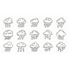Obraz premium Hand-drawn rain cloud icons with minimalist monochrome doodle raindrops on clean background, bad weather forecast symbol collection for mobile apps, educational graphics, and seasonal UI design