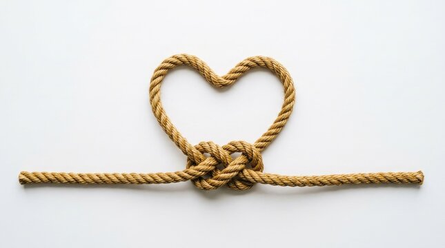 A single length of thick brown rope tied into a heart shape knot centered on a plain white background, with clean lines, and simple composition