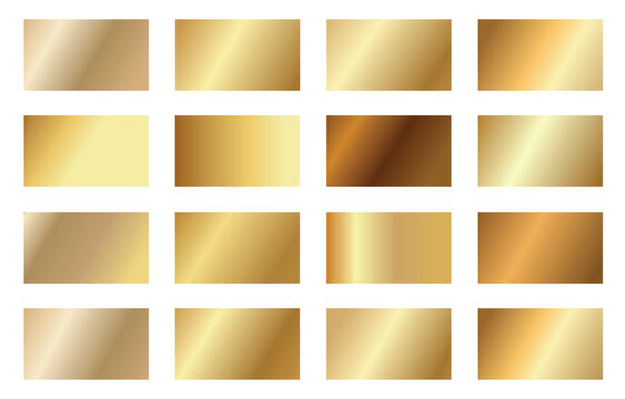 Luxury gold gradient collection and radial metallic mesh palettes. Vector set of golden foil textures, yellow brass and polished bronze swatches for elegant branding, jewelry design and premium decor.