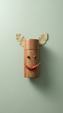 Attentive wooden pepper mill face with bay leaf ears and chili smile on sage green background