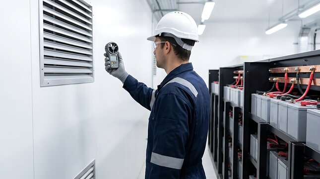 Technician using anemometer to measure airflow from ventilation grill in data center with battery racks in background.