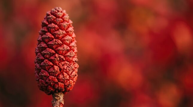 A single vibrant red pine cone standing upright against a soft-focus blurred background, of deep red, autumn foliage and, warm light bokeh