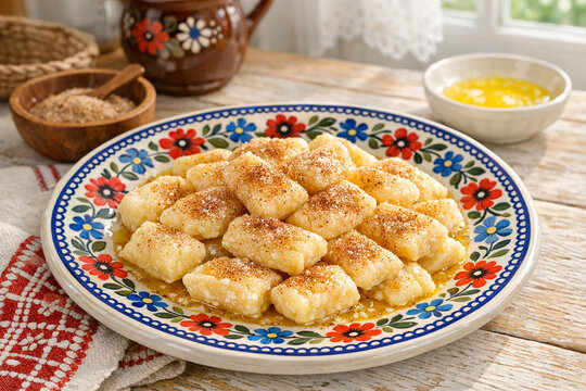 Kluski leniwe Traditional Polish dumplings Served on Polish folk Plate