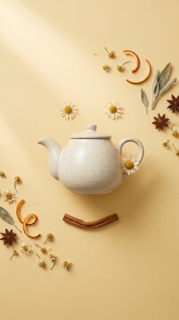 Gentle ceramic teapot face with chamomile flowers and cinnamon stick smile on warm cream background